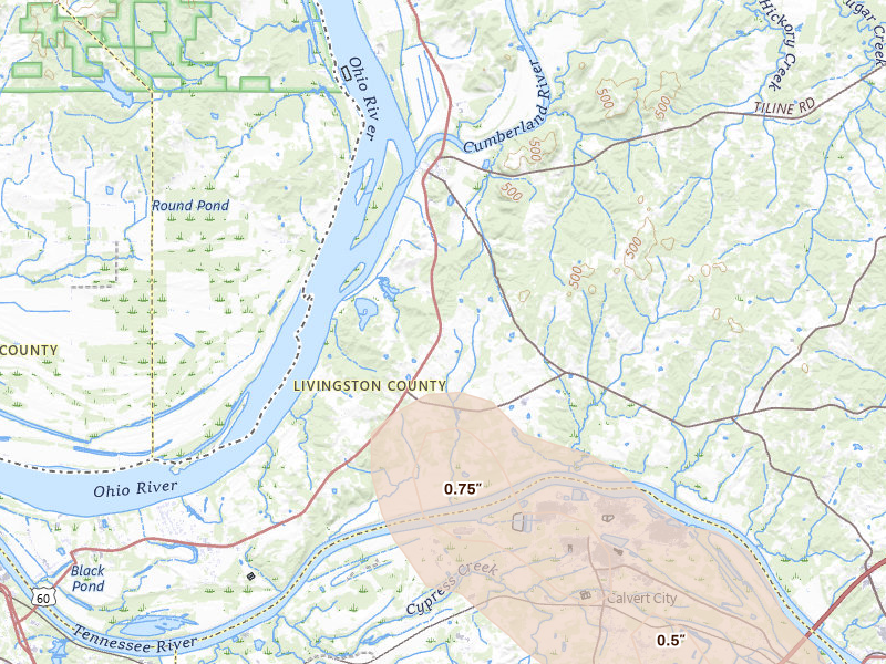 Radar-estimated hail-size map of the storm over Smithland, KY on Jul 21, 2026
