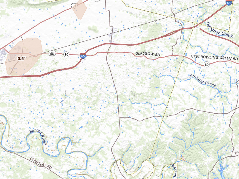 Radar-estimated hail-size map of the storm over Smiths Grove, KY on Jul 5, 2026