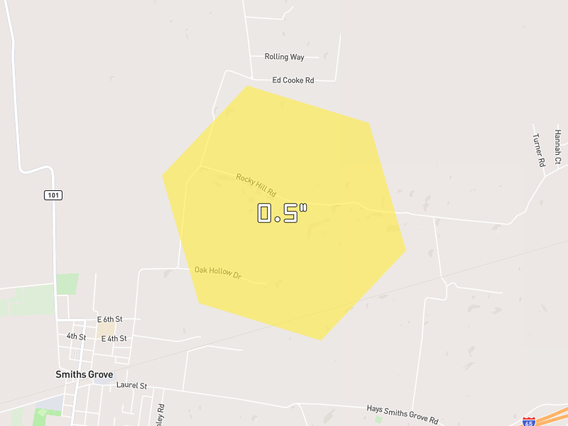 Hail map of Smiths Grove, KY on Jul 5, 2026, hail up to 0.5"