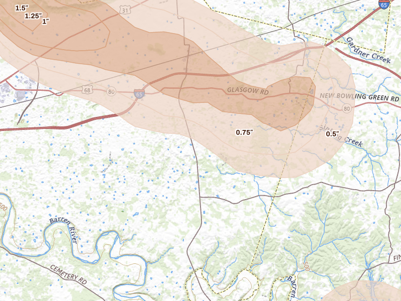 Radar-estimated hail-size map of the storm over Smiths Grove, KY on Jul 11, 2026
