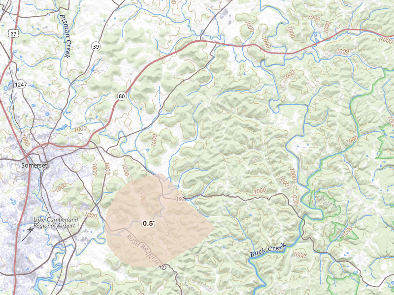 Radar-estimated hail-size map of the storm over Somerset, KY on May 19, 2026