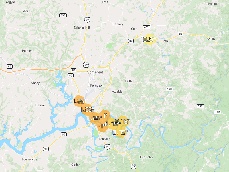Hail map of Somerset, KY on Jul 21, 2026, hail up to 1.25"