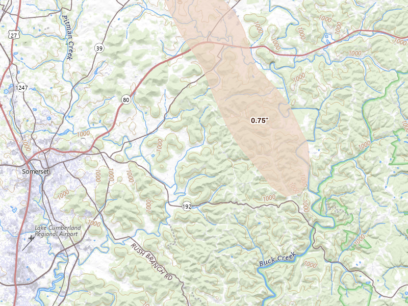 Radar-estimated hail-size map of the storm over Somerset, KY on Jul 26, 2026
