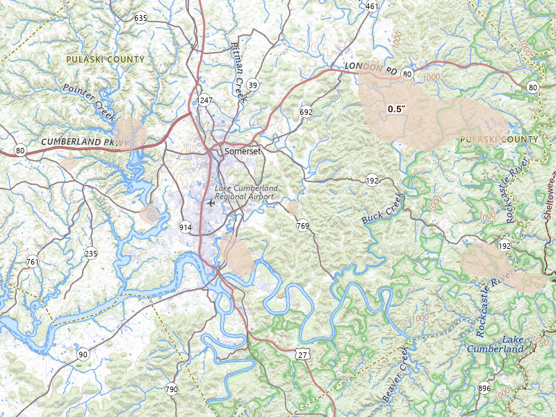Radar-estimated hail-size map of the storm over Somerset, KY on Aug 11, 2026