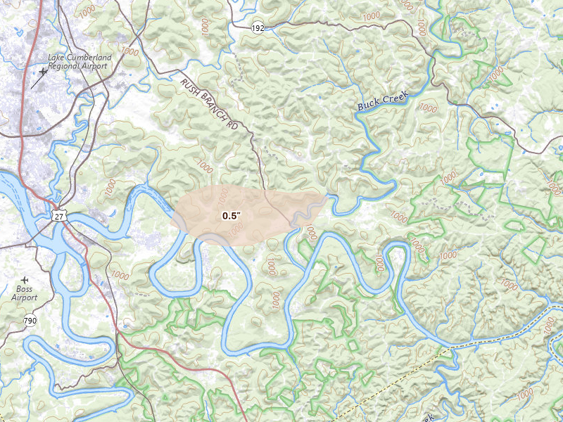 Radar-estimated hail-size map of the storm over Somerset, KY on Aug 12, 2026