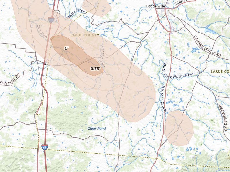 Radar-estimated hail-size map of the storm over Sonora, KY on Aug 11, 2026