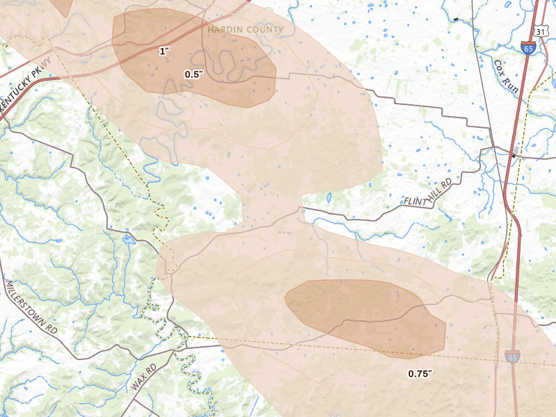Radar-estimated hail-size map of the storm over Sonora, KY on Aug 22, 2026