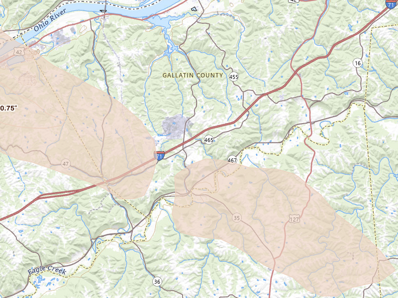 Radar-estimated hail-size map of the storm over Sparta, KY on Jul 21, 2026