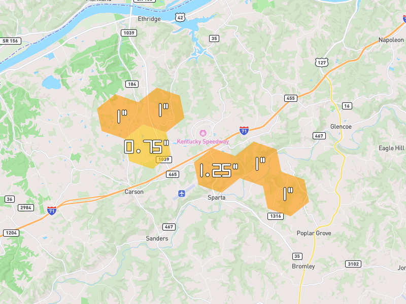 Hail map of Sparta, KY on Jul 21, 2026, hail up to 1.25"