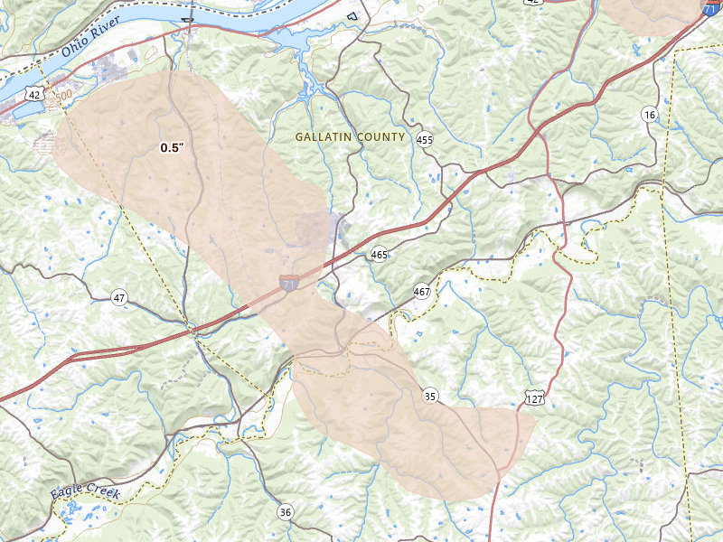 Radar-estimated hail-size map of the storm over Sparta, KY on Aug 11, 2026
