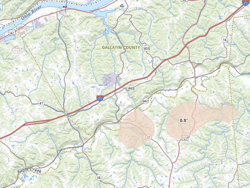 Radar-estimated hail-size map of the storm over Sparta, KY on Aug 16, 2026
