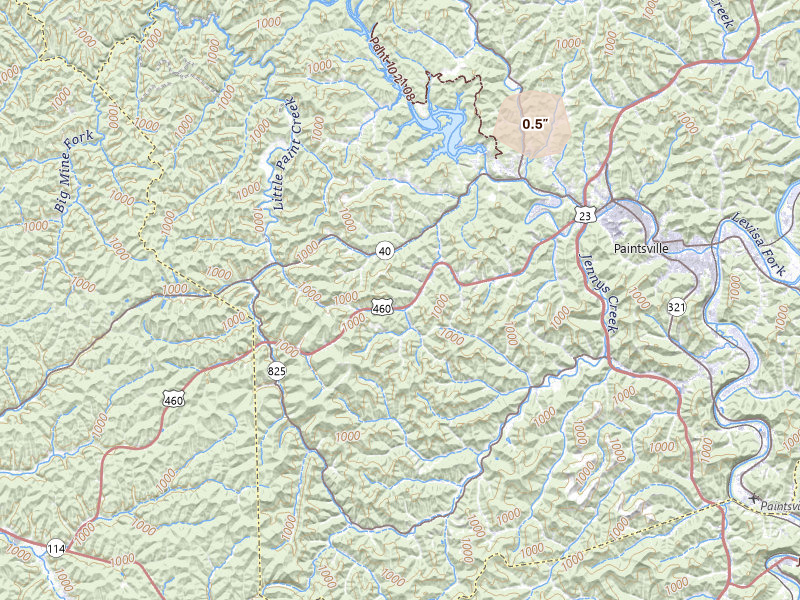 Radar-estimated hail-size map of the storm over Staffordsville, KY on Aug 15, 2026