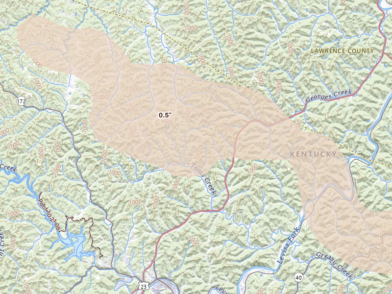 Radar-estimated hail-size map of the storm over Stambaugh, KY on Aug 16, 2026