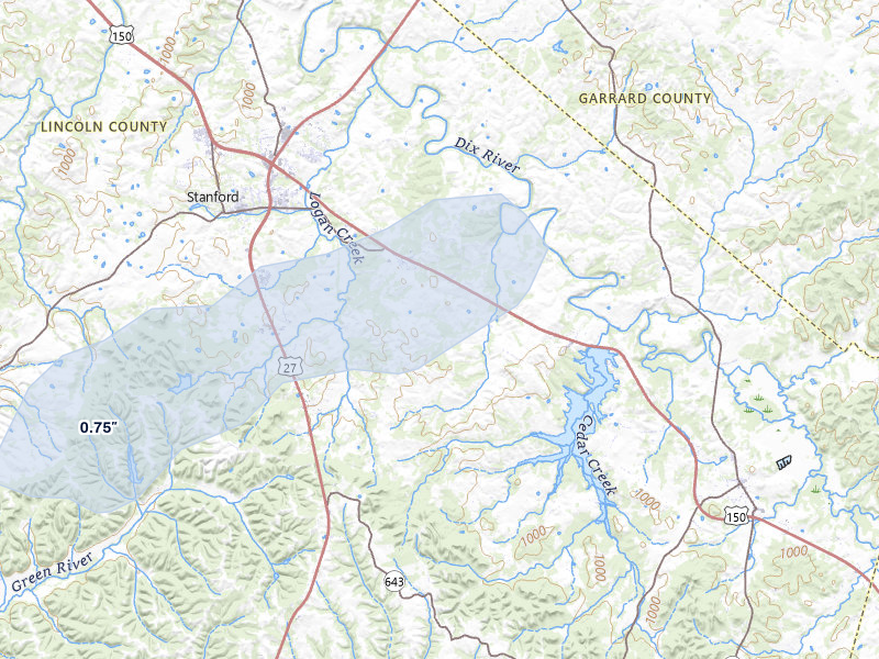 NEXRAD radar-signature map of the hail over Stanford, KY
