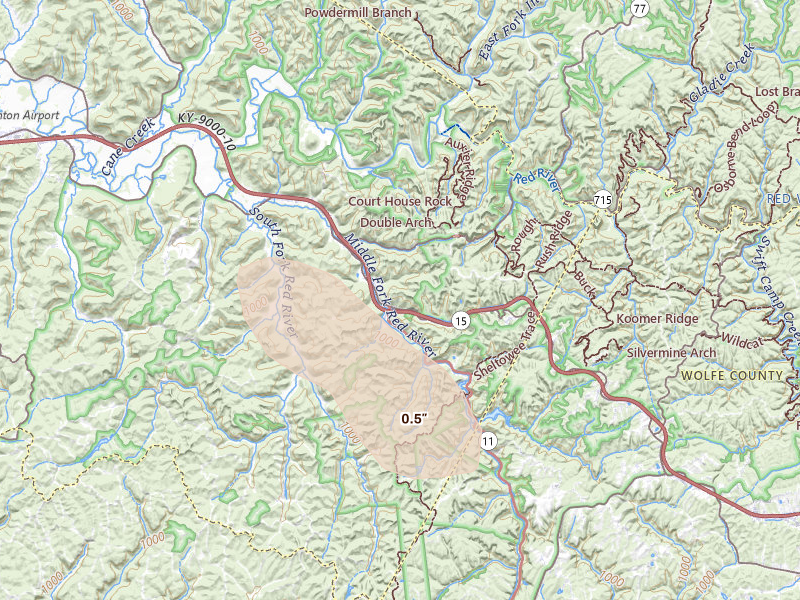 Radar-estimated hail-size map of the storm over Stanton, KY on Jul 28, 2026