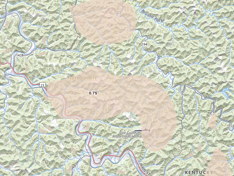 Radar-estimated hail-size map of the storm over Stanville, KY on Aug 11, 2026