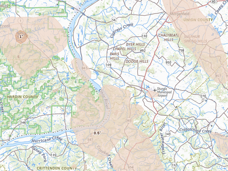Radar-estimated hail-size map of the storm over Sturgis, KY on Jul 26, 2026