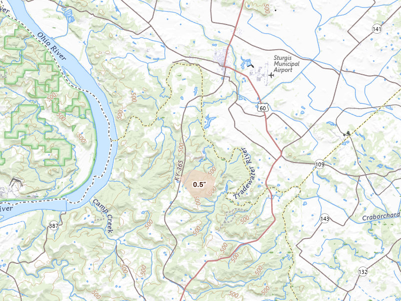 Radar-estimated hail-size map of the storm over Sturgis, KY on Aug 19, 2026