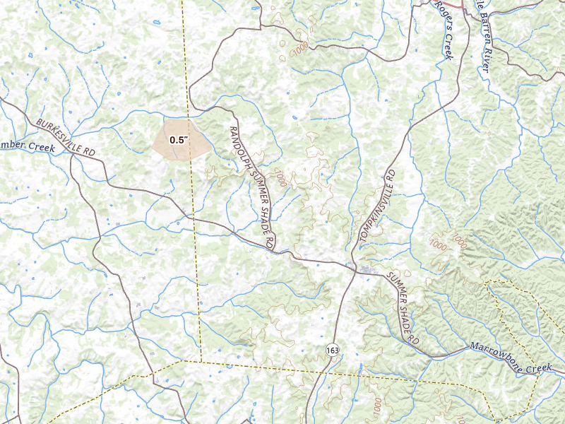 Radar-estimated hail-size map of the storm over Summer Shade, KY on Aug 11, 2026
