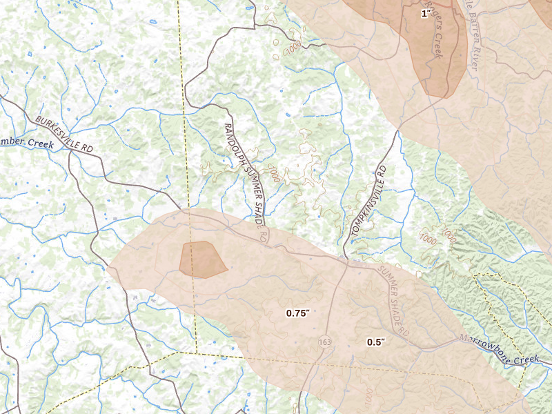 Radar-estimated hail-size map of the storm over Summer Shade, KY on Aug 22, 2026