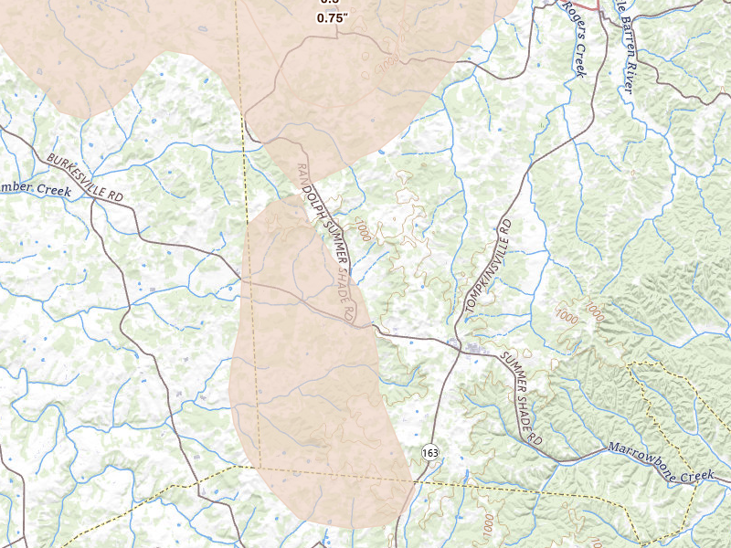 Radar-estimated hail-size map of the storm over Summer Shade, KY on Sep 5, 2026