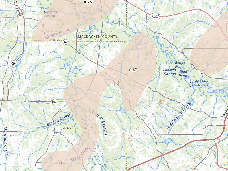 Radar-estimated hail-size map of the storm over Symsonia, KY on May 19, 2026