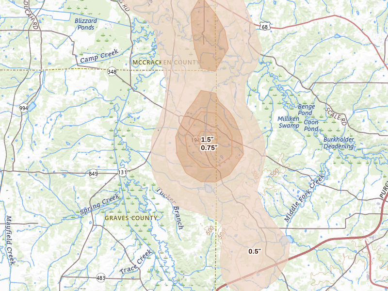 Radar-estimated hail-size map of the storm over Symsonia, KY on Jul 2, 2026