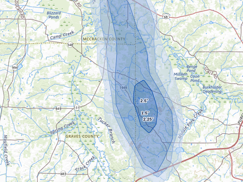 NEXRAD radar-signature map of the hail over Symsonia, KY