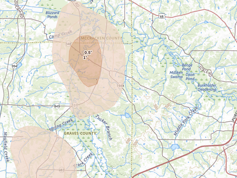 Radar-estimated hail-size map of the storm over Symsonia, KY on Jul 3, 2026