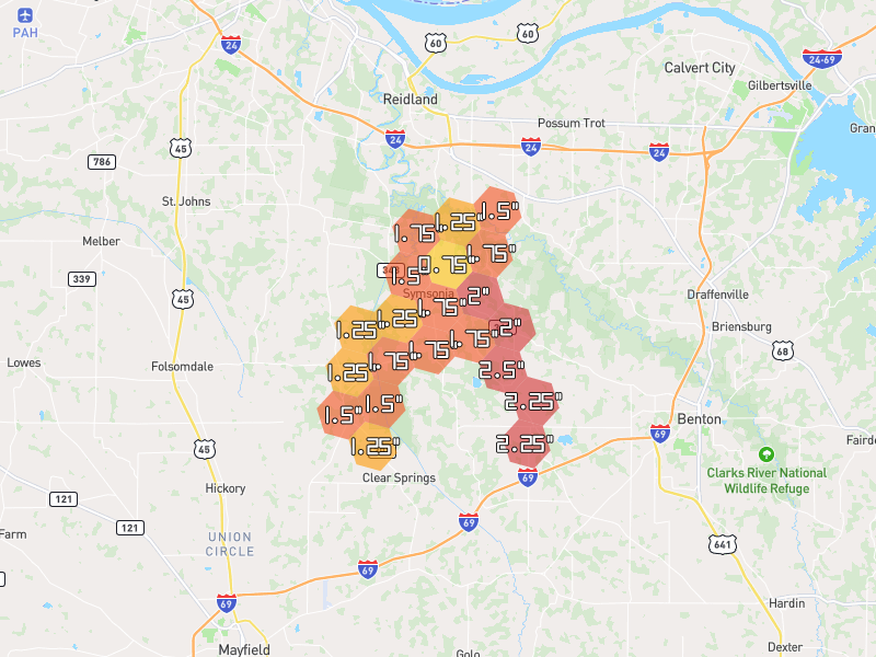 Hail map of Symsonia, KY on Jul 3, 2026, hail up to 2.5"