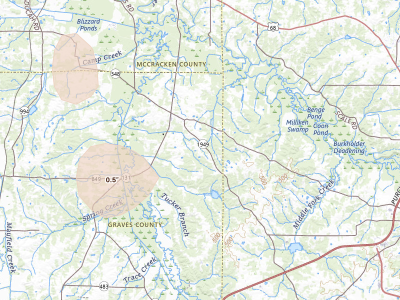 Radar-estimated hail-size map of the storm over Symsonia, KY on Jul 8, 2026
