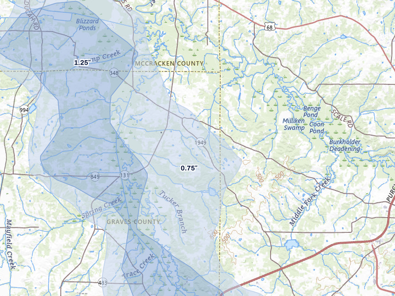 NEXRAD radar-signature map of the hail storm over Symsonia, KY on Jul 8, 2026