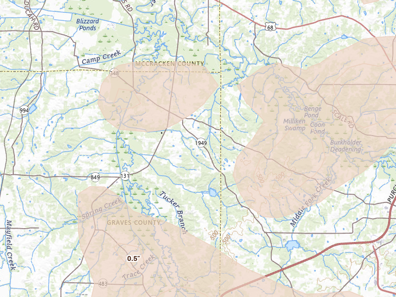 Radar-estimated hail-size map of the storm over Symsonia, KY on Jul 9, 2026
