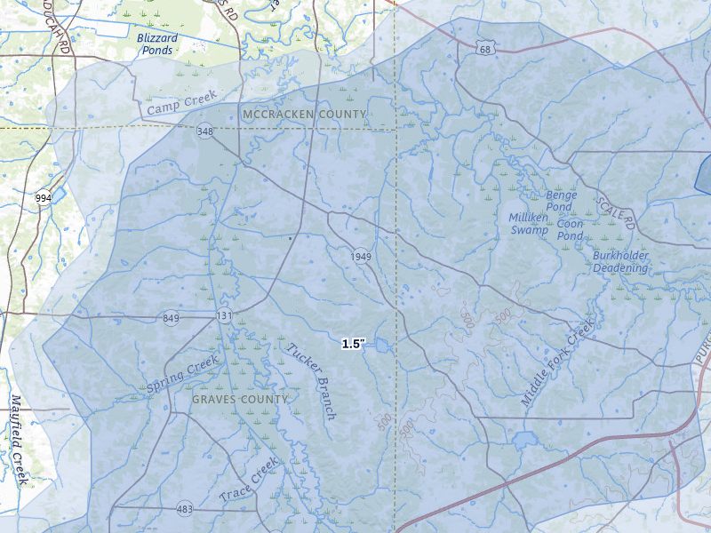 NEXRAD radar-signature map of the hail storm over Symsonia, KY on Jul 9, 2026