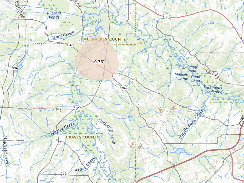 Radar-estimated hail-size map of the storm over Symsonia, KY on Jul 17, 2026