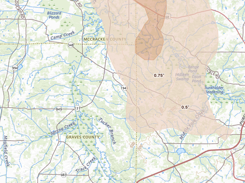 Radar-estimated hail-size map of the storm over Symsonia, KY on Jul 26, 2026