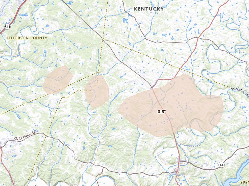 Radar-estimated hail-size map of the storm over Taylorsville, KY on Aug 16, 2026