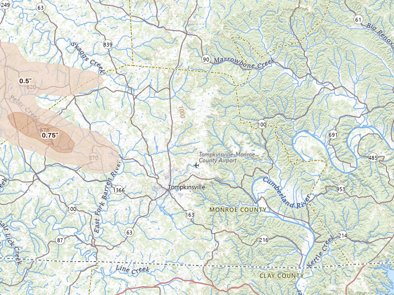 Radar-estimated hail-size map of the storm over Tompkinsville, KY on Jul 11, 2026
