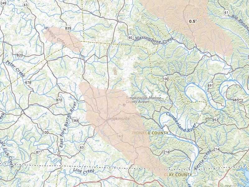 Radar-estimated hail-size map of the storm over Tompkinsville, KY on Jul 21, 2026