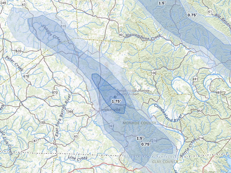 NEXRAD radar-signature map of the hail over Tompkinsville, KY