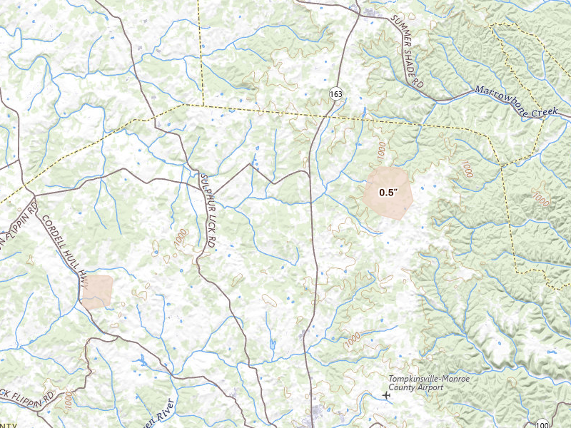 Radar-estimated hail-size map of the storm over Tompkinsville, KY on Aug 8, 2026
