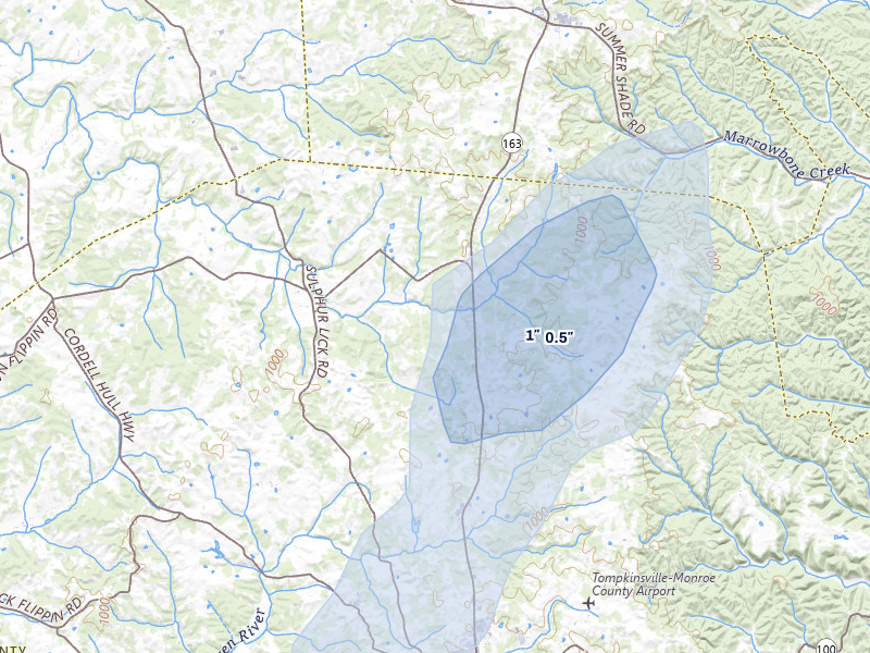 NEXRAD radar-signature map of the hail storm over Tompkinsville, KY on Aug 8, 2026