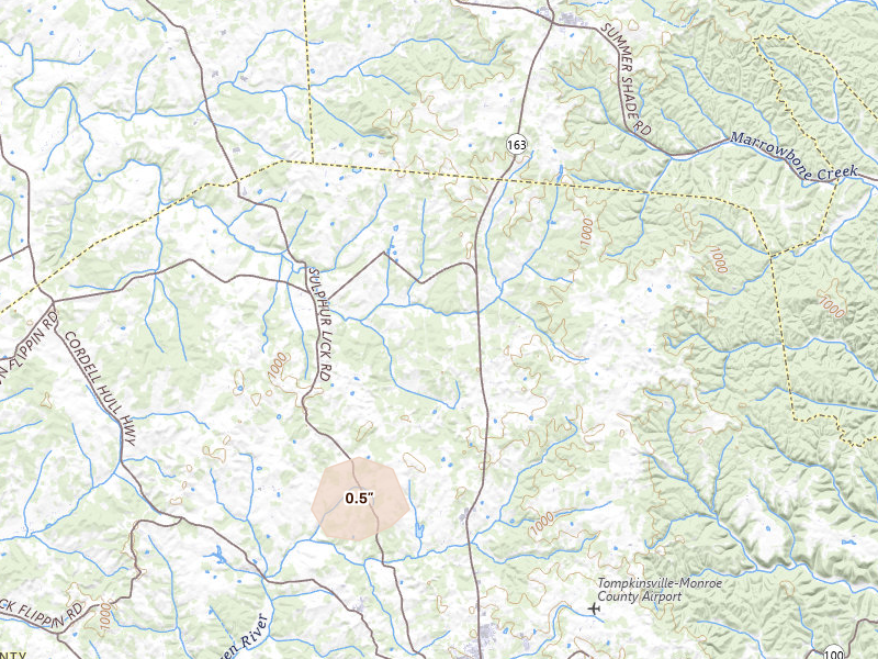 Radar-estimated hail-size map of the storm over Tompkinsville, KY on Aug 12, 2026