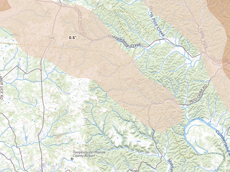 Radar-estimated hail-size map of the storm over Tompkinsville, KY on Aug 22, 2026