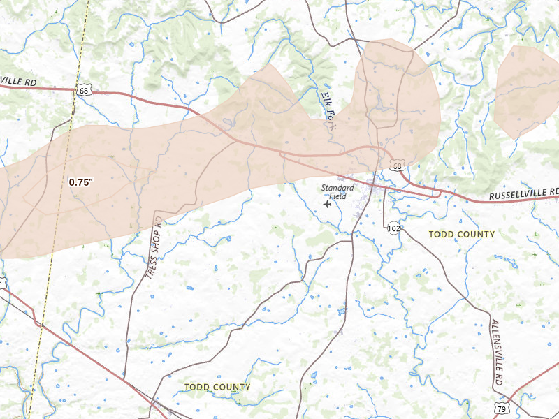 Radar-estimated hail-size map of the storm over Trenton, KY on Apr 27, 2026