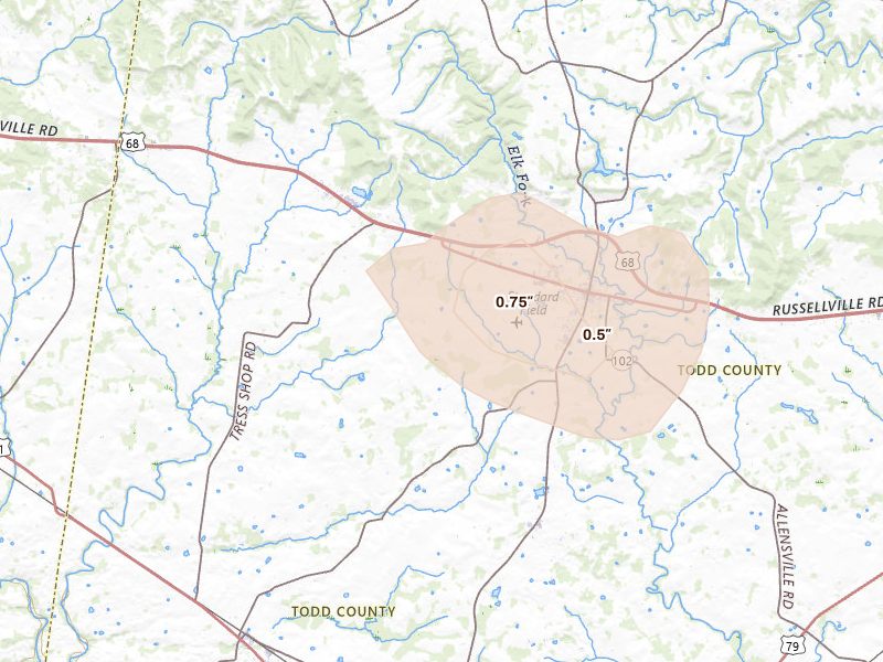 Radar-estimated hail-size map of the storm over Trenton, KY on Jun 9, 2026
