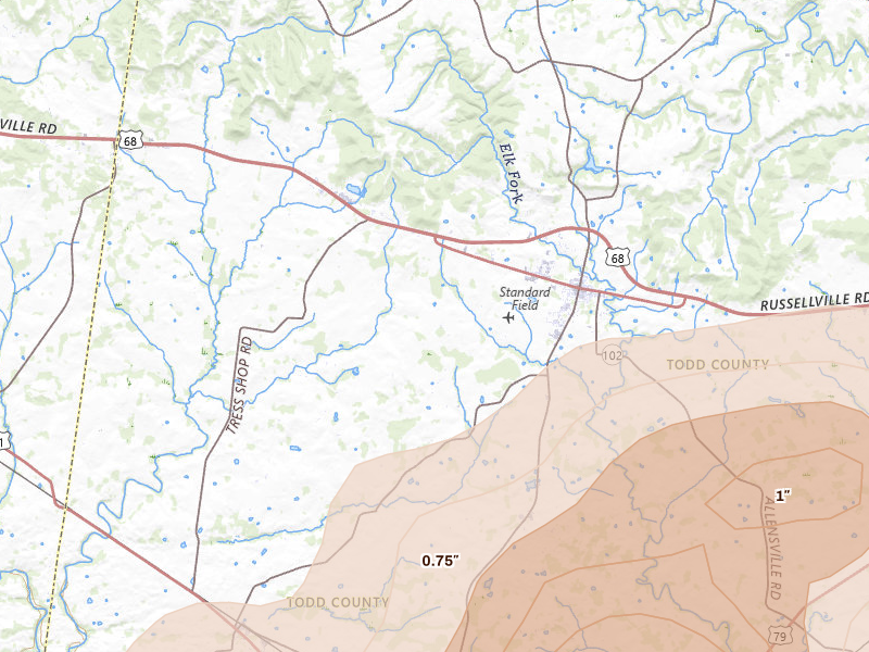 Radar-estimated hail-size map of the storm over Trenton, KY on Jul 2, 2026