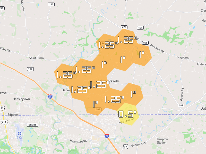 Hail map of Trenton, KY on Jul 2, 2026, hail up to 1.25"