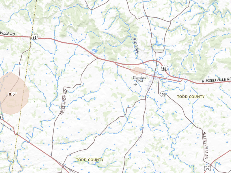 Radar-estimated hail-size map of the storm over Trenton, KY on Jul 5, 2026