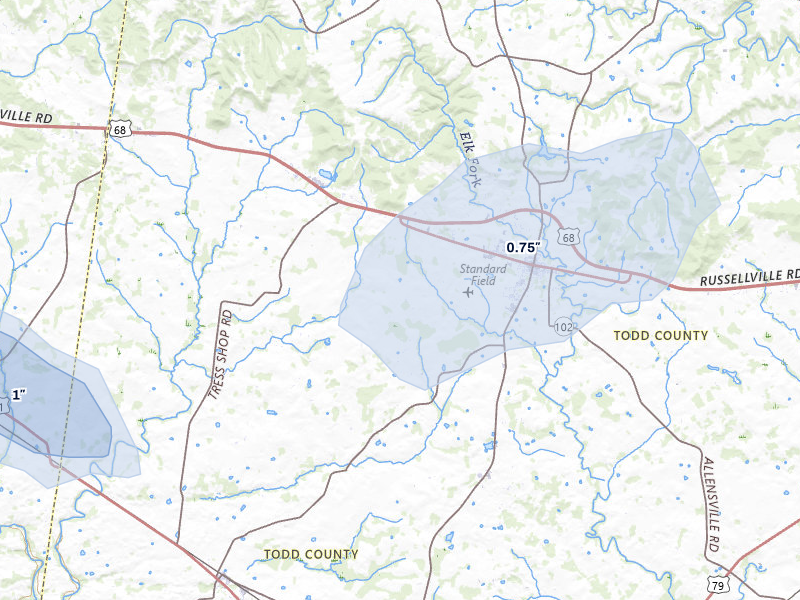 NEXRAD radar-signature map of the hail storm over Trenton, KY on Jul 5, 2026